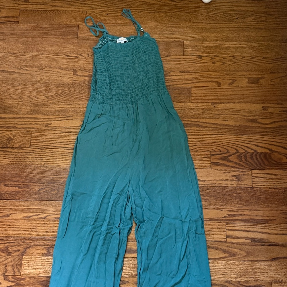 Teal Smocked Jumpsuit with Adjustable Straps